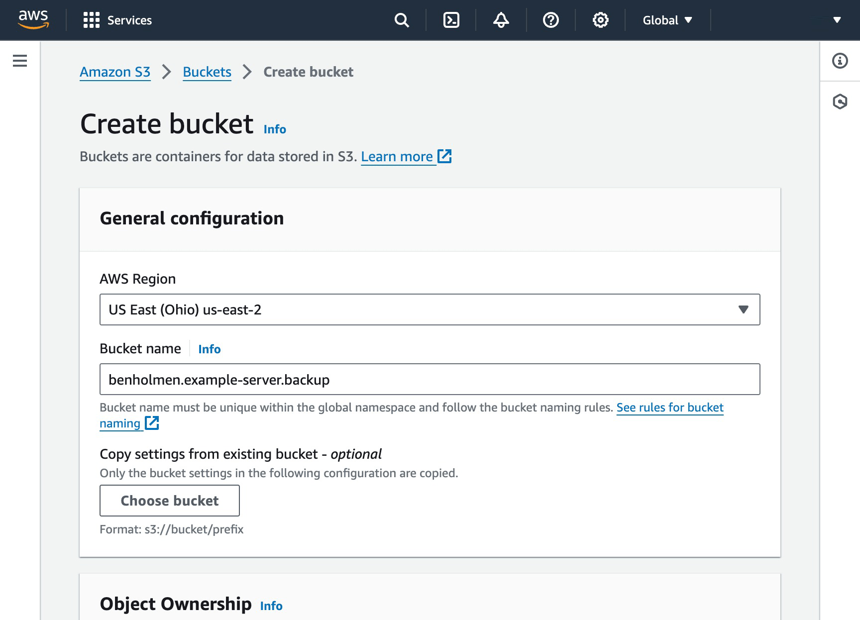 Screenshot of S3 bucket setup