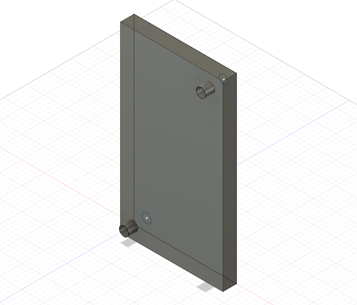 Render of passive solar heater box, showing inlet and outlet